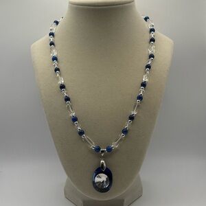 Vintage Art Deco Clear & Blue Beaded Necklace 18”